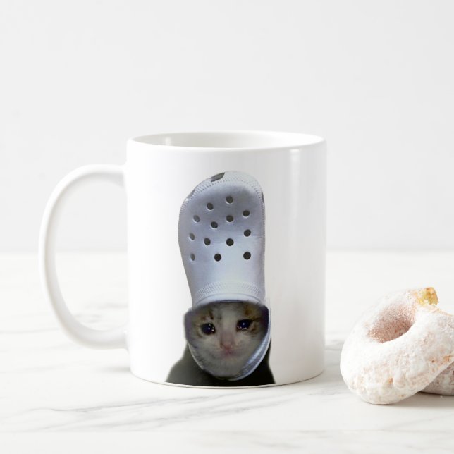 Caneca De Café Chorando, Gato Croc Hat Memória Mug Dupla (Com Donut)