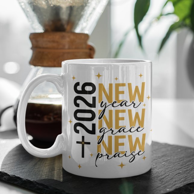 Caneca De Café Christian 2026 New Year Custom Scripture Cross (Black & gold faith design for a hopeful new year.
Change the verse or add your word of the year.)