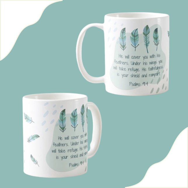 Caneca De Café Christian Boho Feather Salm 91:4 Azul Verde (Criador carregado)