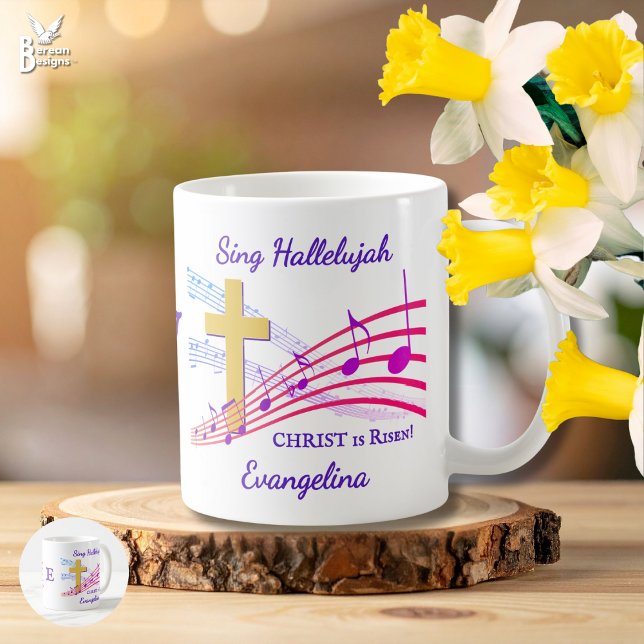 Caneca De Café Christian HALLELUJAH CHRIST IS RISEN Easter (SING HALLELUJAH monogram Christian Easter mug to celebrate Christ is risen. With cross and music)