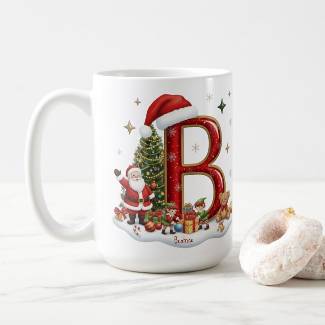Caneca De Café Christmas Alphabet Initial B with Santa Elves (Com Donut)
