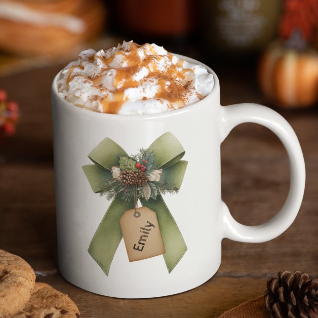 Caneca De Café Christmas Bow Mug – Personalized Festive Name Mug (Criador carregado)