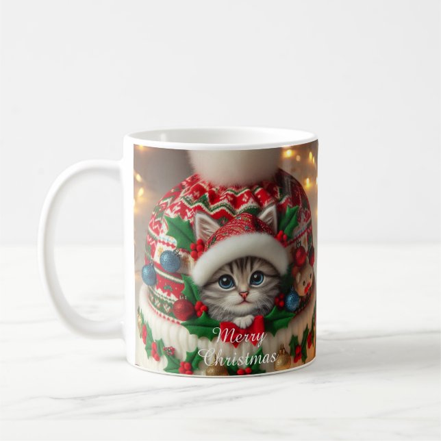 Caneca De Café Christmas Cat Mug – Cute Kitty with Santa Hat (Esquerda)