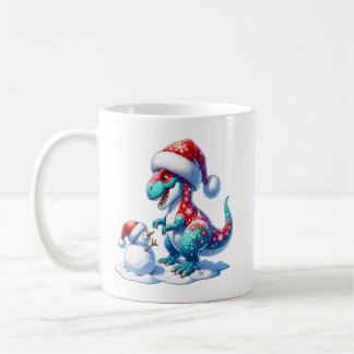 Caneca De Café Christmas dinosaur with cute snowman, fantasy 