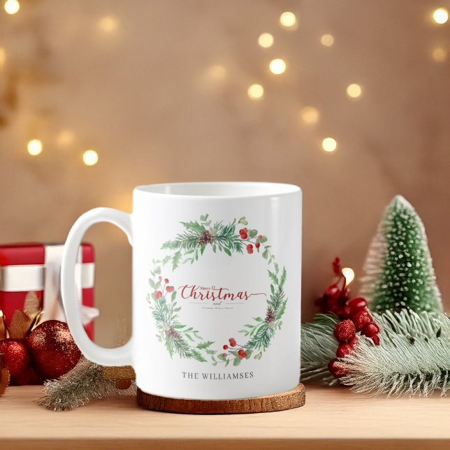 Caneca De Café Christmas Greenery Watercolor Personalized Mug (Criador carregado)