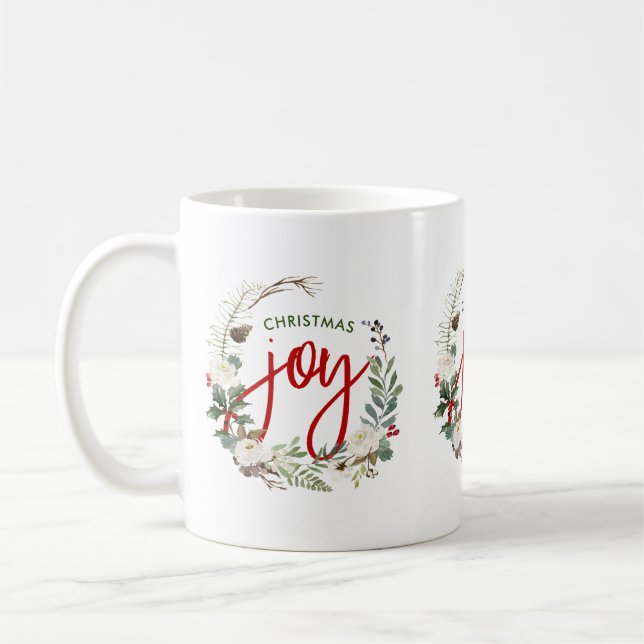 Caneca De Café Christmas Holly Wreath Joy Typografia (Esquerda)