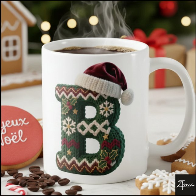 Caneca De Café Christmas Knit Sweater Letter B Santa Hat (Criador carregado)