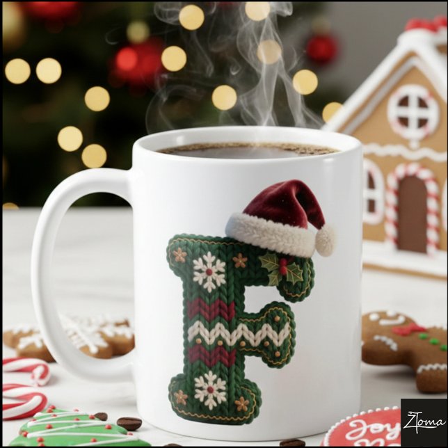 Caneca De Café Christmas Knit Sweater Letter F Santa Hat (Criador carregado)