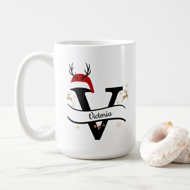 Caneca De Café Christmas Letter V Alphabet  (Com Donut)