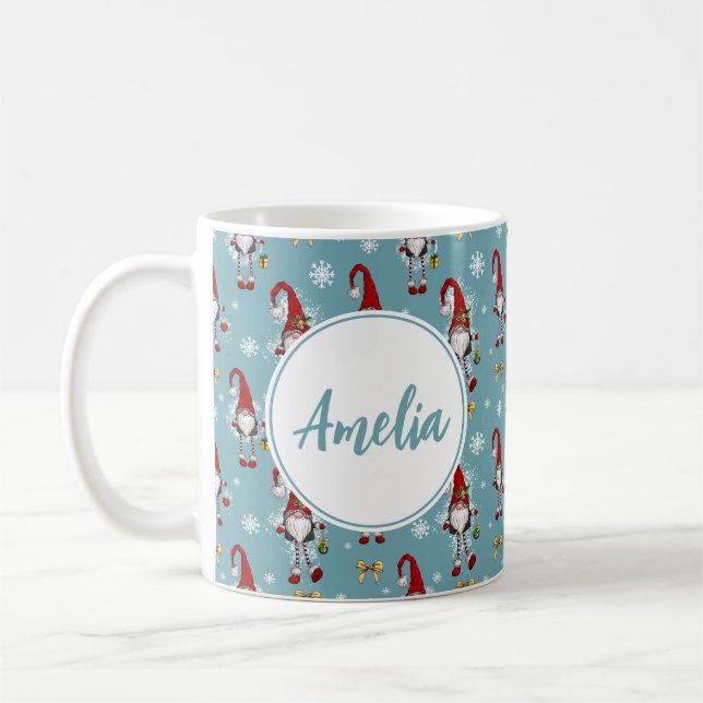 Caneca De Café Christmas Nordic Gnomes Blue Pattern With Name  (Esquerda)