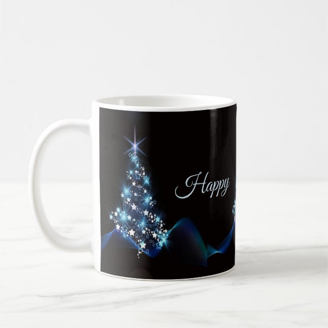 Caneca De Café Christmas Party Blue Tree Shiny Black Elegant (Esquerda)