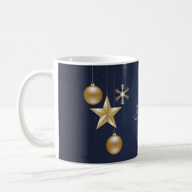 Caneca De Café Christmas Party Golden Ornaments Navy Blue Elegant (Esquerda)