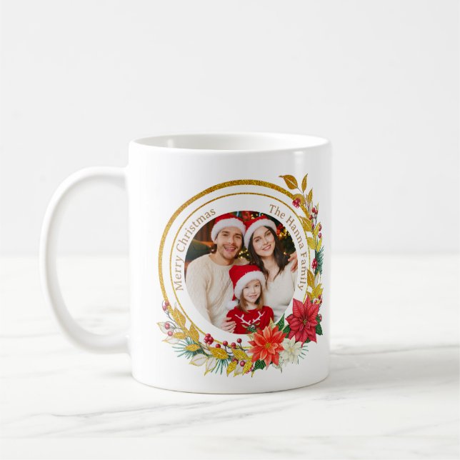 Caneca De Café Christmas Photo - Gold Glitter Wreath Family (Esquerda)