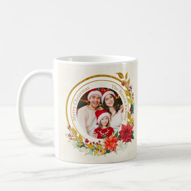 Caneca De Café Christmas Photo - Gold Glitter Wreath Family (Esquerda)