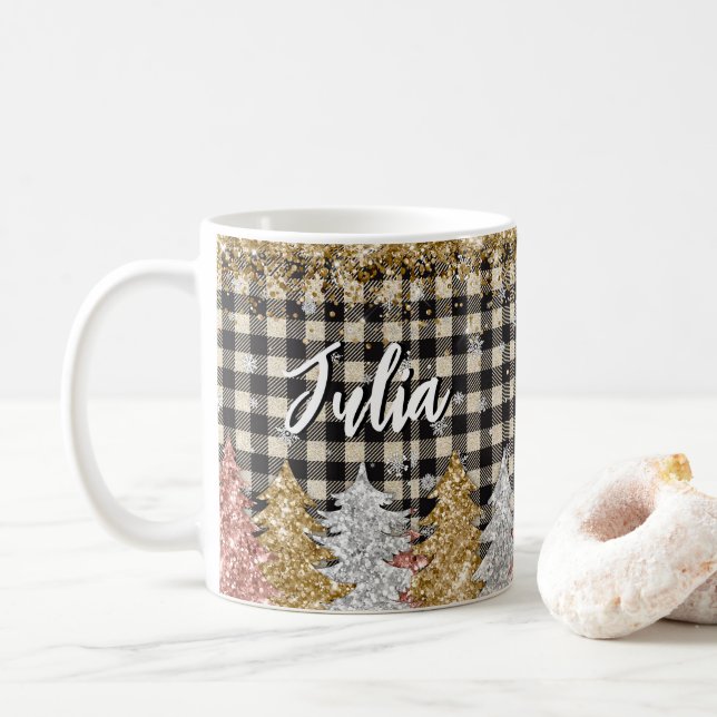 Caneca De Café Christmas Plaid And Glitter With Name (Com Donut)