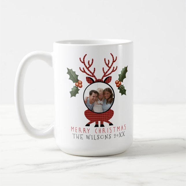 Caneca De Café Christmas Plaid Reindeer with Personalized Photo (Esquerda)