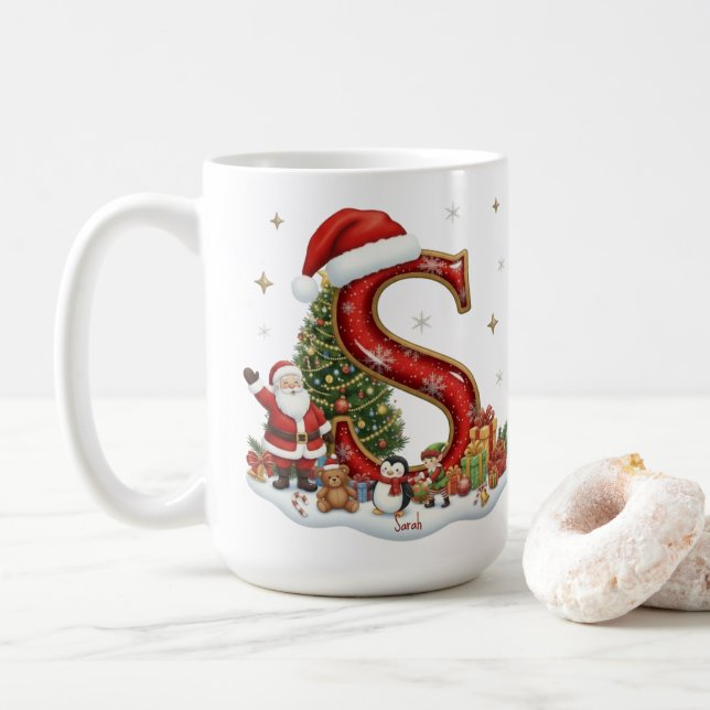 Caneca De Café Christmas Santa Claus Elf Penguin Alphabet S (Com Donut)