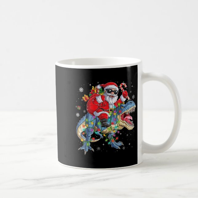 Caneca De Café Christmas Santa Riding Dinosaur Funny Xmas Lights  (Direita)