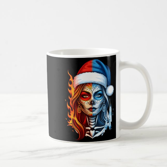 Caneca De Café Christmas Sugar Skull Art Woman Santa Hat Fantasy  (Direita)