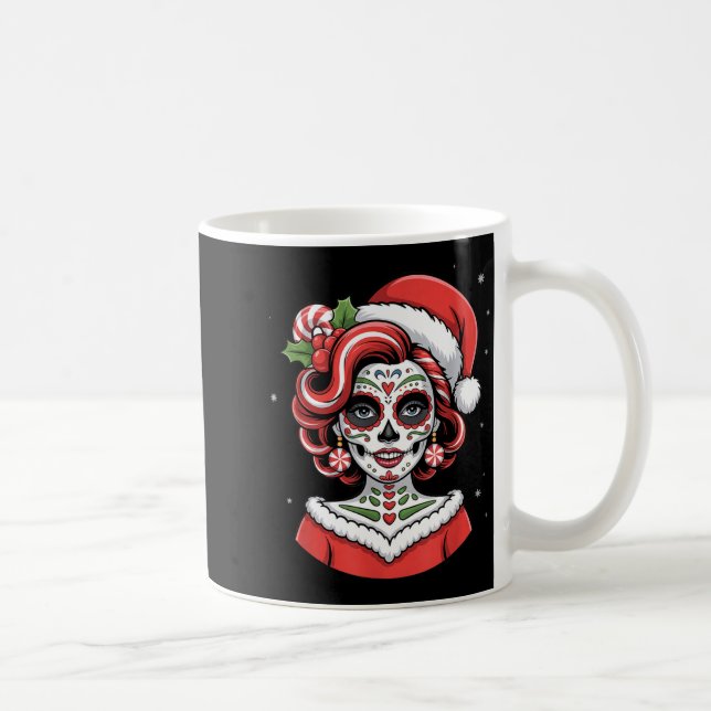 Caneca De Café Christmas Sugar Skull Art Woman Santa Hat Festive  (Direita)