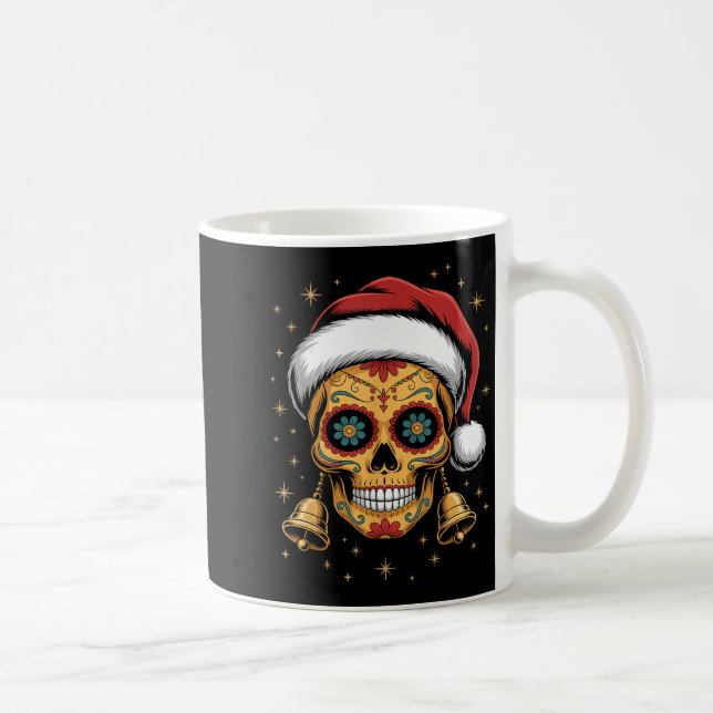 Caneca De Café Christmas Sugar Skull Art Woman Santa Hat Festive  (Direita)