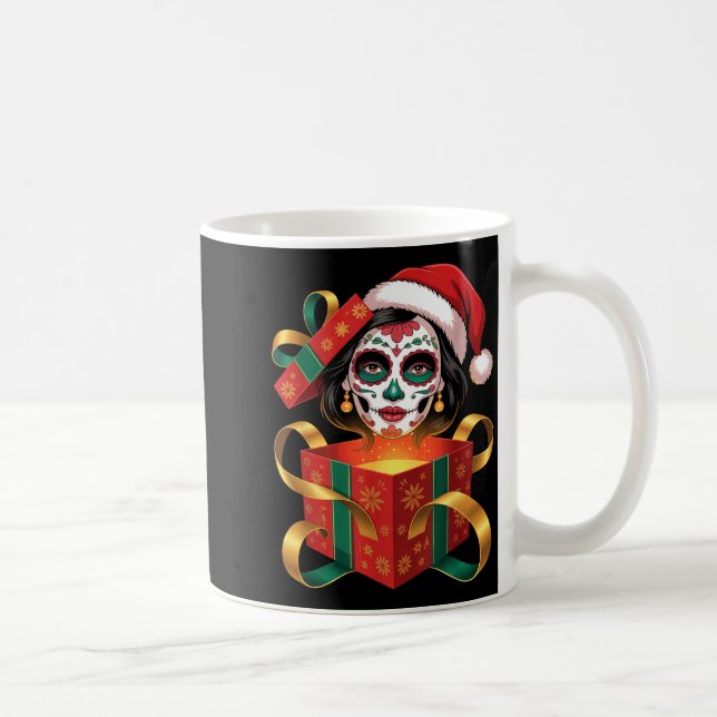 Caneca De Café Christmas Sugar Skull Art Woman Santa Hat Festive  (Direita)