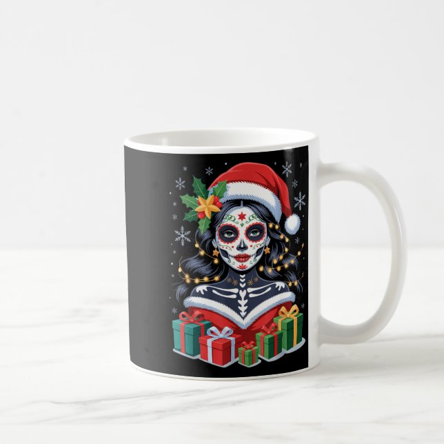 Caneca De Café Christmas Sugar Skull Art Woman Santa Hat Festive  (Direita)