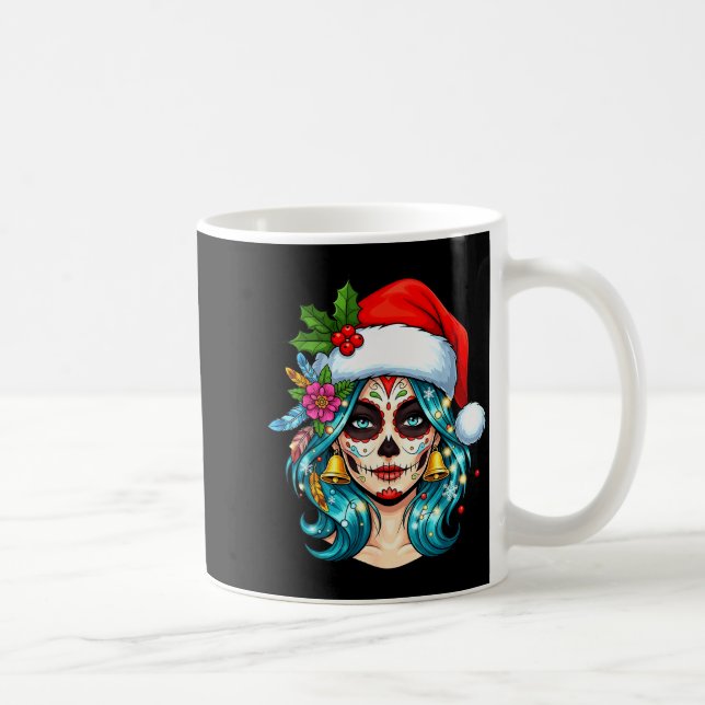 Caneca De Café Christmas Sugar Skull Art Woman Santa Hat Festive  (Direita)