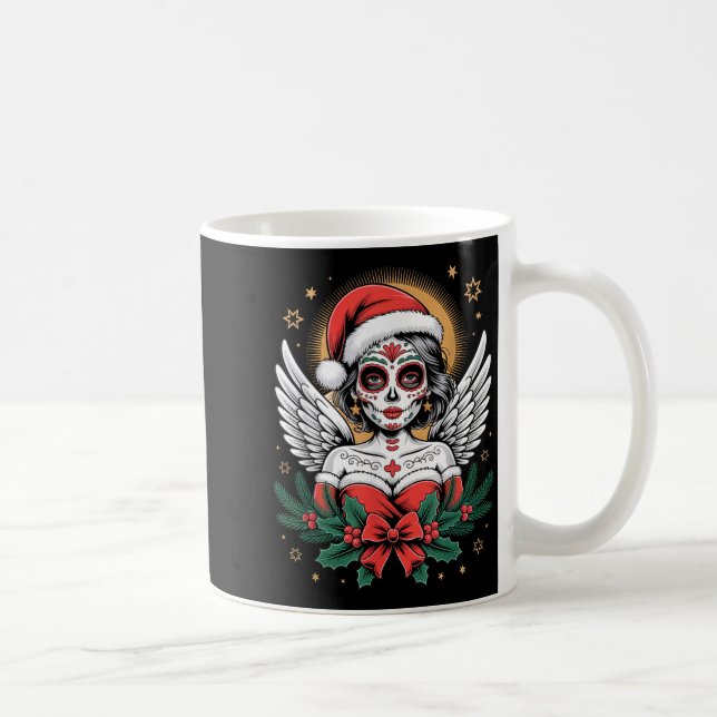 Caneca De Café Christmas Sugar Skull Art Woman Santa Hat Festive  (Direita)