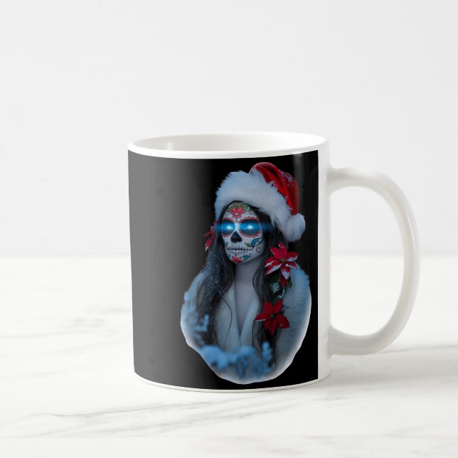 Caneca De Café Christmas Sugar Skull Art Woman Santa Hat Festive  (Direita)