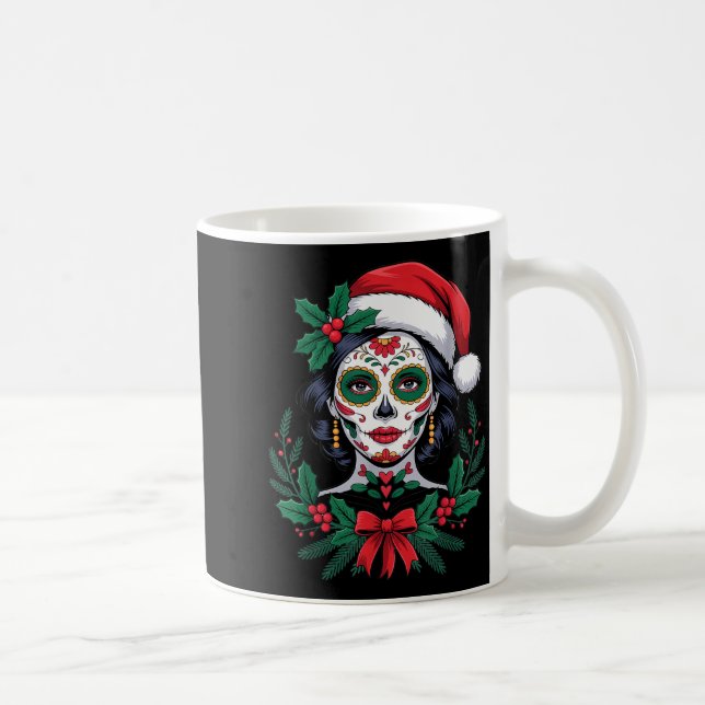Caneca De Café Christmas Sugar Skull Art Woman Santa Hat Festive  (Direita)