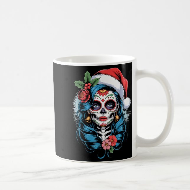 Caneca De Café Christmas Sugar Skull Art Woman Santa Hat Festive  (Direita)