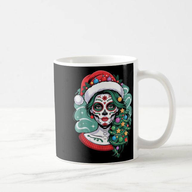 Caneca De Café Christmas Sugar Skull Art Woman Santa Hat Festive  (Direita)