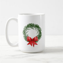 Christmas Wreath Coffee Mug with Red Bow 