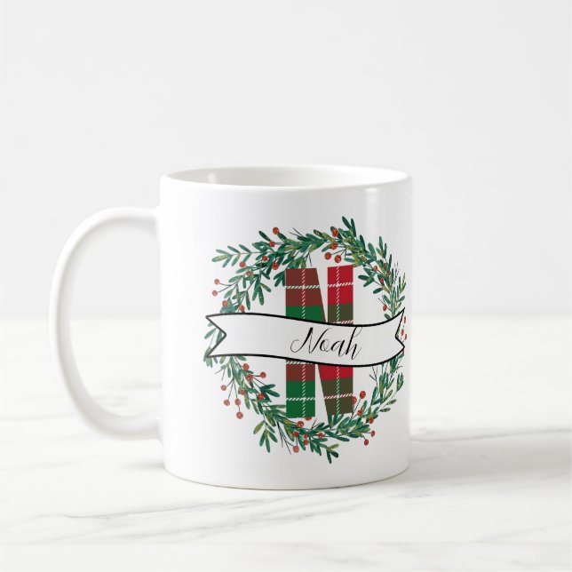 Caneca De Café Christmas Wreath with Lights – Personalized Name D (Esquerda)