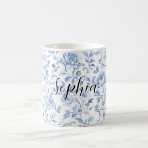 Caneca De Café Chuva de Noiva Floral Azul Romântica Branca