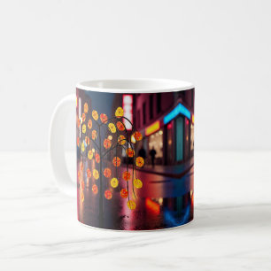 Caneca De Café Cidade Brilho Chuva Neon