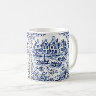 Caneca De Café Cidade de Delft e Porto de Pesca Azul Cobalto Bran