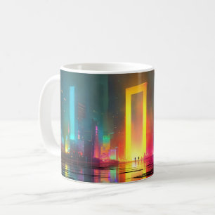 Caneca De Café Cidade Futurista com Portal Neon Radiante