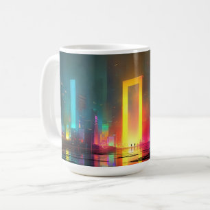 Caneca De Café Cidade Futurista com Portal Neon Radiante