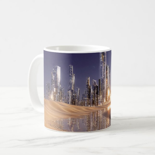 Caneca De Café Cidade Futurista de Ficção Científica Refletida na (Frente Esquerda)