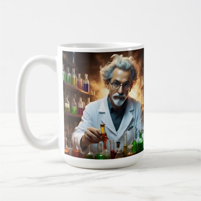 Caneca De Café Cientista Num Laboratório Misturando Poções, (Esquerda)