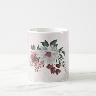 Caneca De Café cinamão rosa rosa e verde floral branco