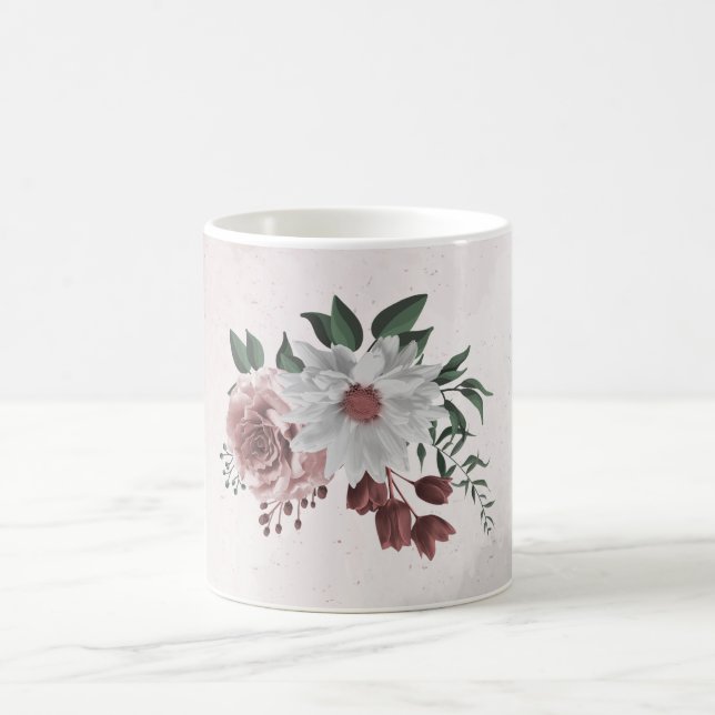 Caneca De Café cinamão rosa rosa e verde floral branco (Centro)