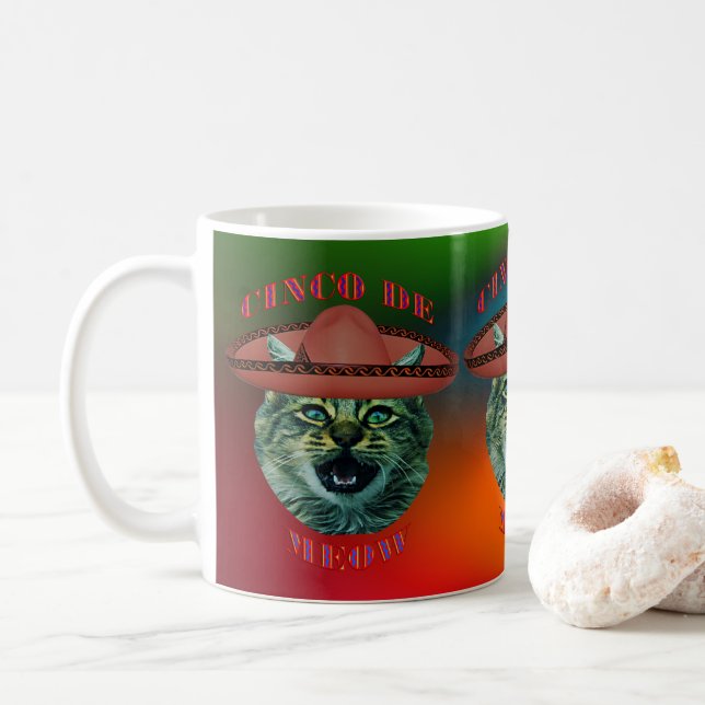 Caneca De Café Cinco De Meow Cinza Cat Cinco De Mayo México (Com Donut)