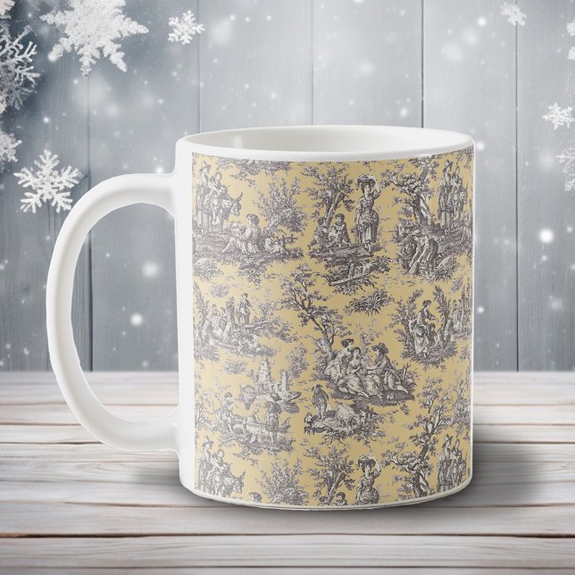 Caneca De Café Cinza amarela elegante toile de jouy (Criador carregado)