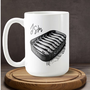 Caneca De Café Cinza Arte Sardine Tin Nome do Monograma Personali