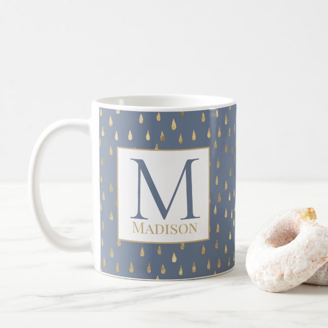 Caneca De Café Cinza Azul, Dourada Raindrop Modern Trendy Monogra (Com Donut)