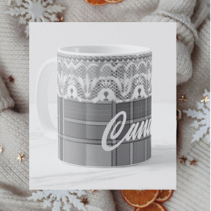 Caneca De Café cinza branca preta de renda xadrez