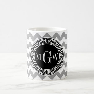 Caneca De Café Cinza Chevron Branco Preto Chave Grega 3 Monograma